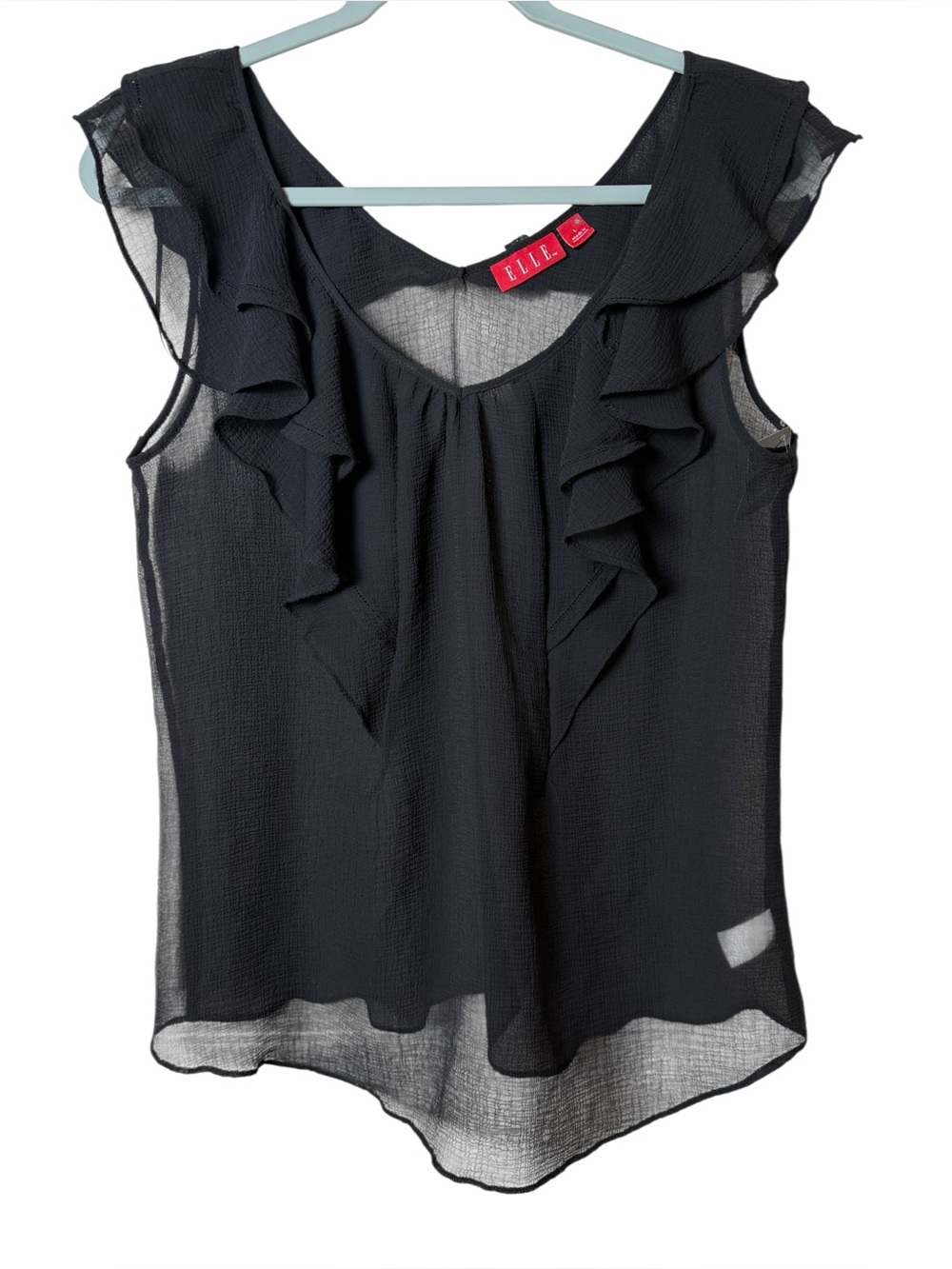 Elle Large Black Sheer Ruffle V-Neck Sleeveless Blouse